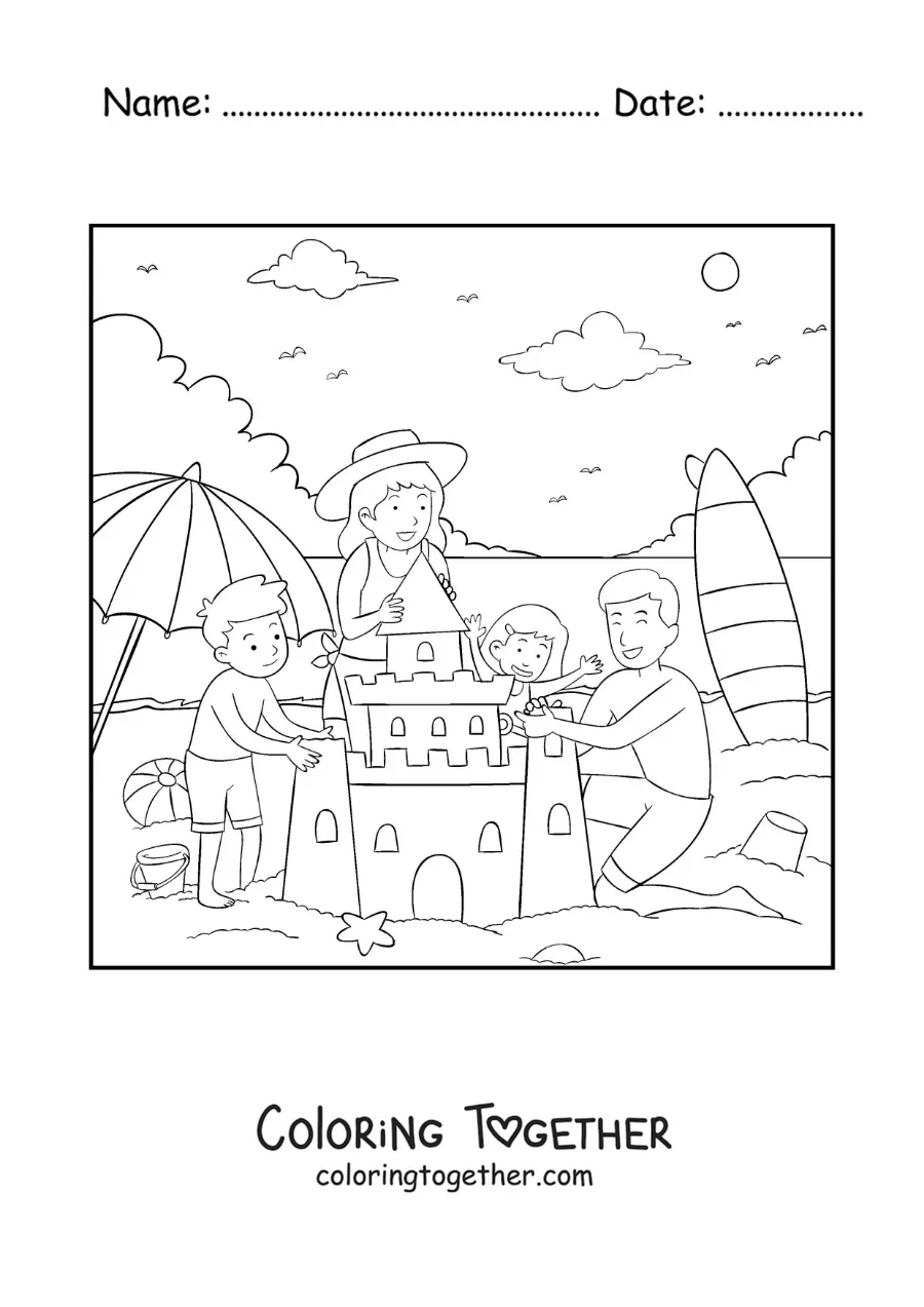 Coloring page of a family building a sandcastle at the beach