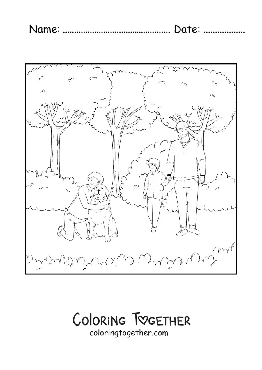 Coloring page of a father and his son taking a walk in the park