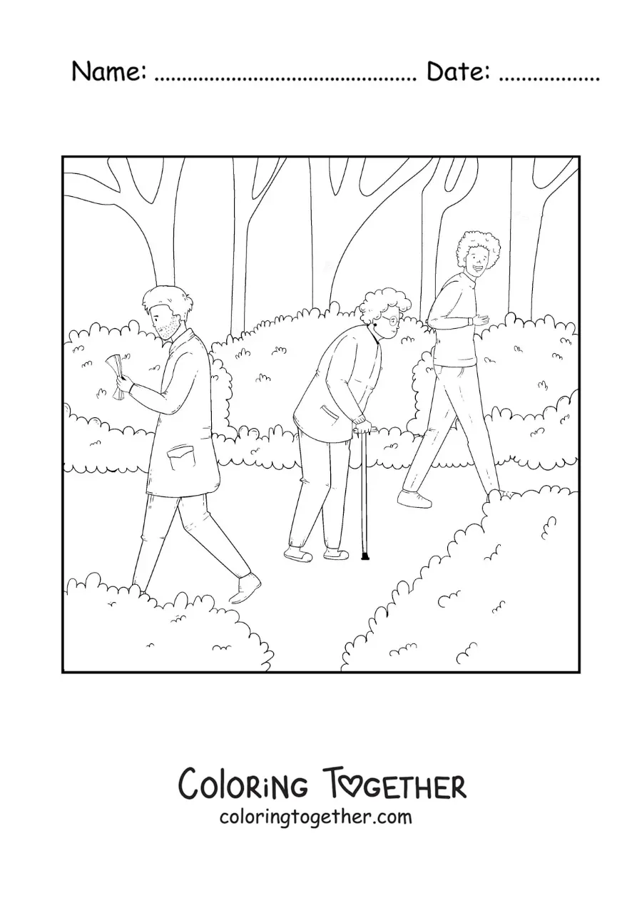 Coloring page of people strolling in the park