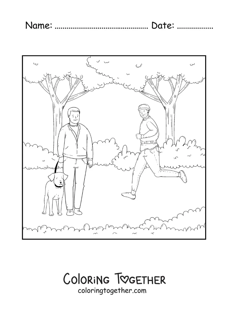 Coloring page of a boy jogging and a man walking his dog in the park