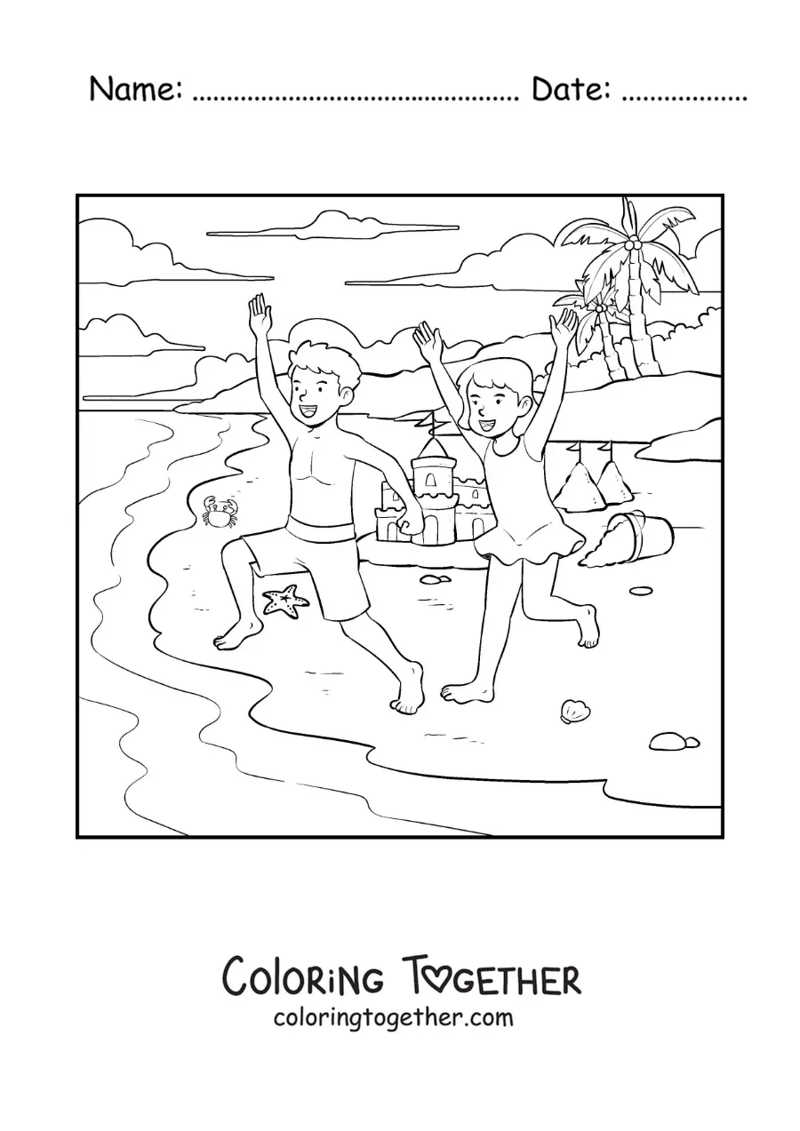 Coloring page of a girl and her brother strolling on the beach