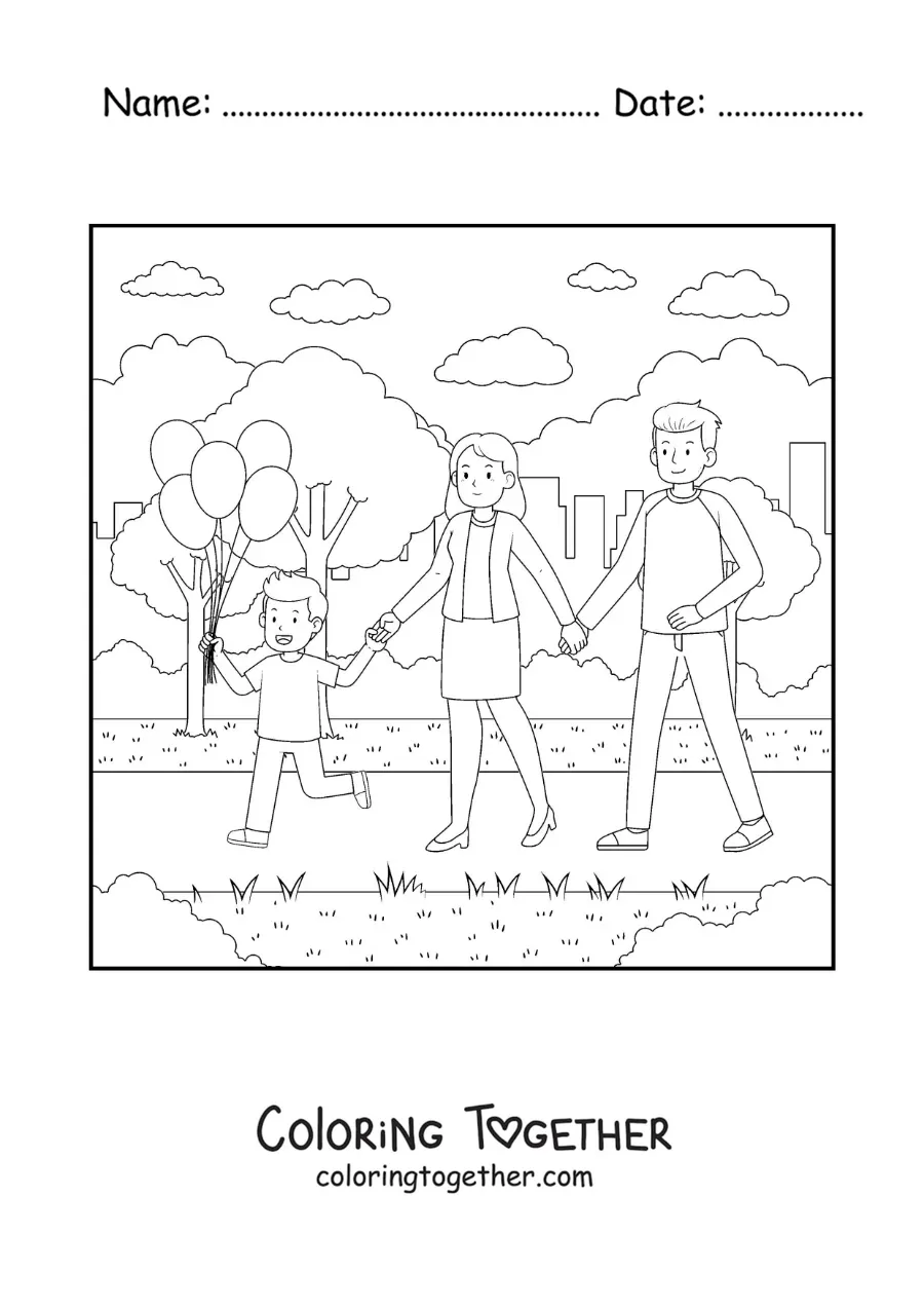 Coloring page of a family walking in the park with their little child holding balloons