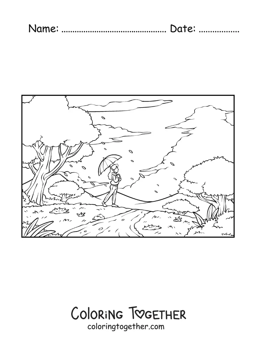 Coloring page of a girl strolling in the park with a parasol in autumn