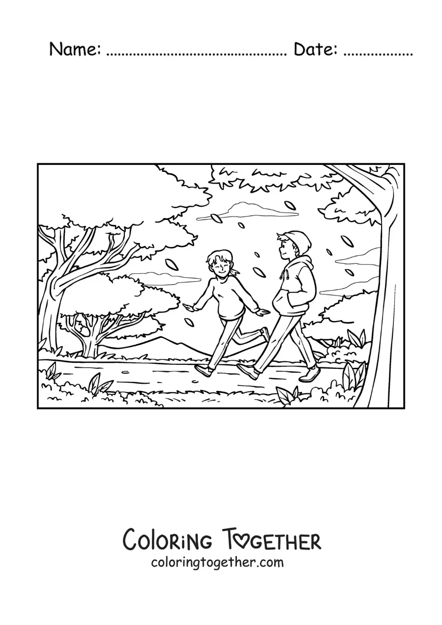Coloring page of a young couple strolling in the park in autumn