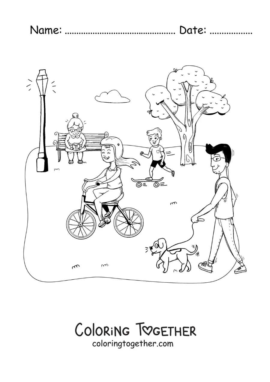Coloring page of people of all ages strolling in the park