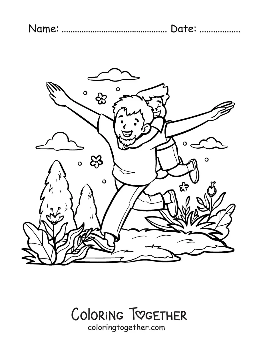 Coloring page of a father playing with his son in the park