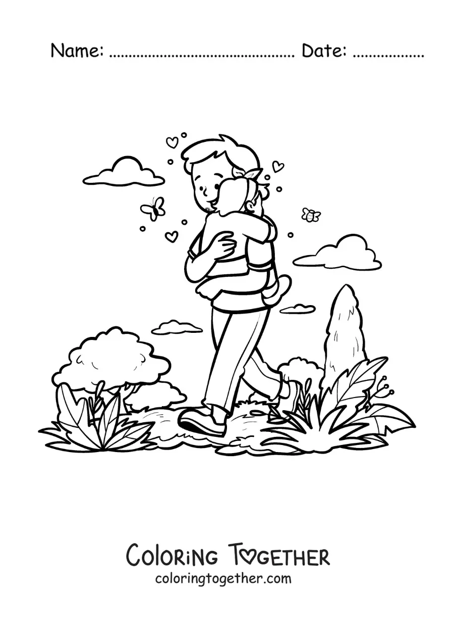Coloring page of a father carrying his daughter in the park
