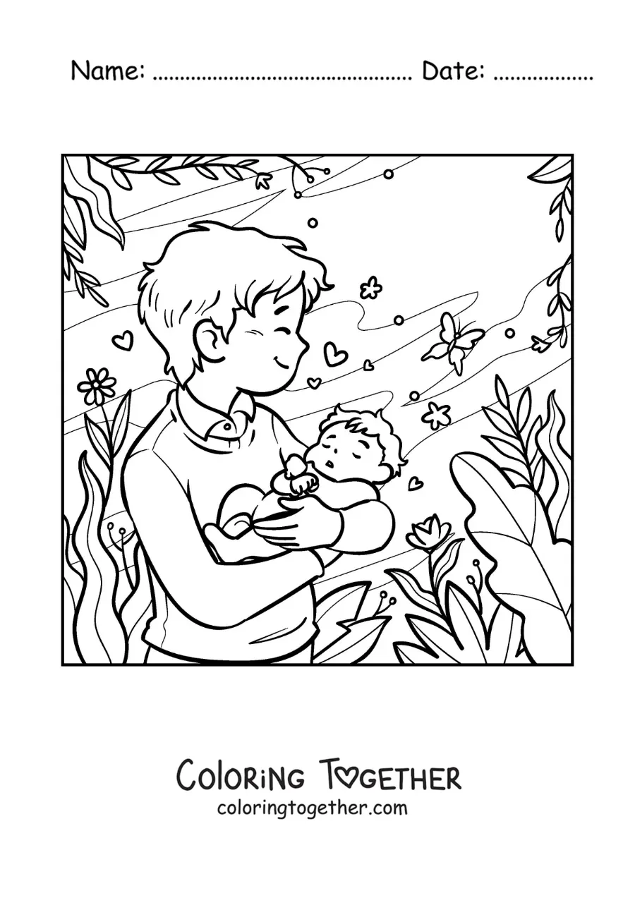 Coloring page of a father carrying his baby in the park