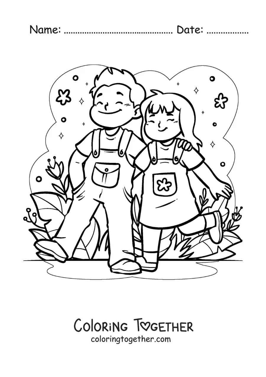Coloring page of a couple strolling in the park
