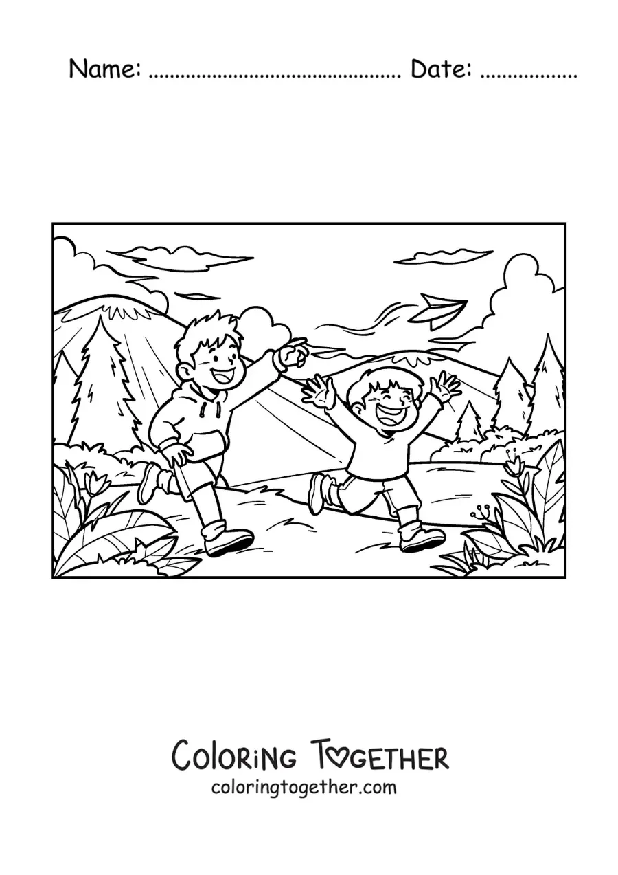 Coloring page of two siblings running in the park