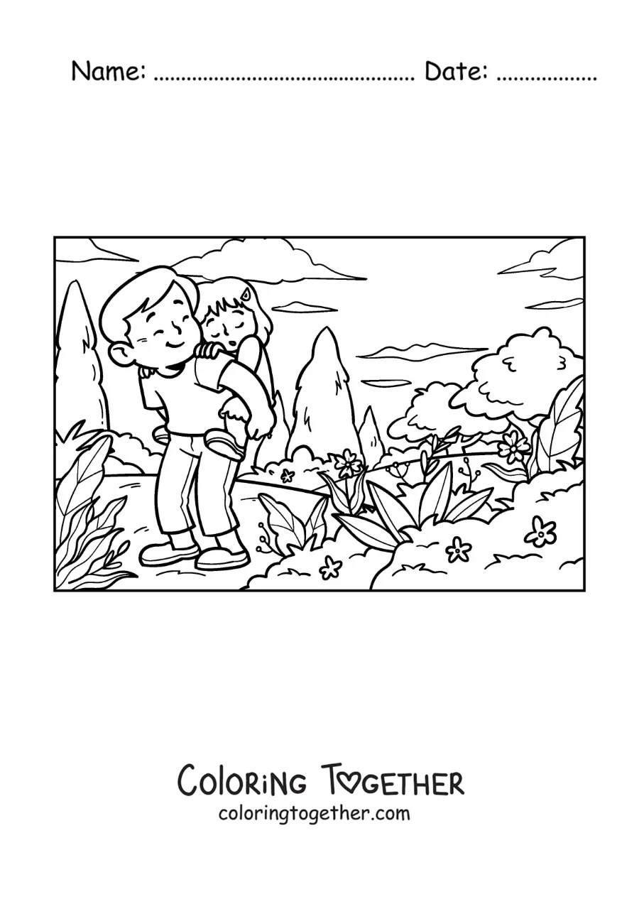 Coloring page of a father carrying his daughter on a hiking trail