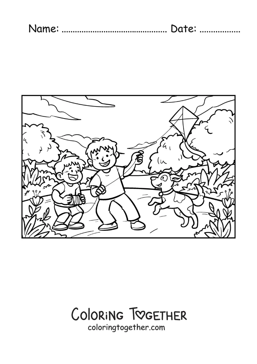 Coloring page of two siblings flying a kite with their dog in the park