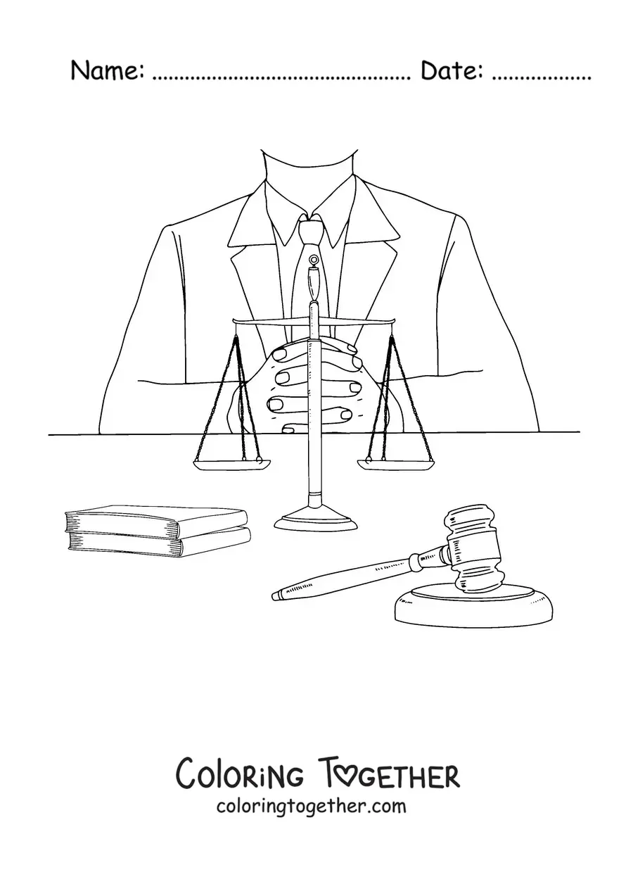 Coloring page of the upper body of a lawyer in front of a set of scales and a gavel
