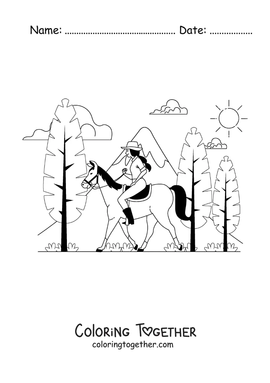 Coloring page of a girl on a horseback ride through the forest
