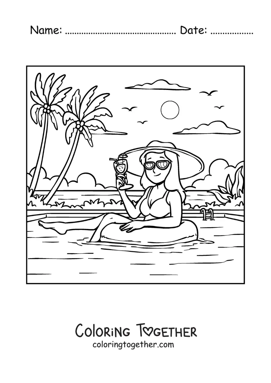 Coloring page of a girl with a holiday hat in a swimming pool