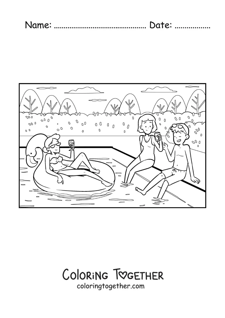 Coloring page of a group of young friends at a pool party