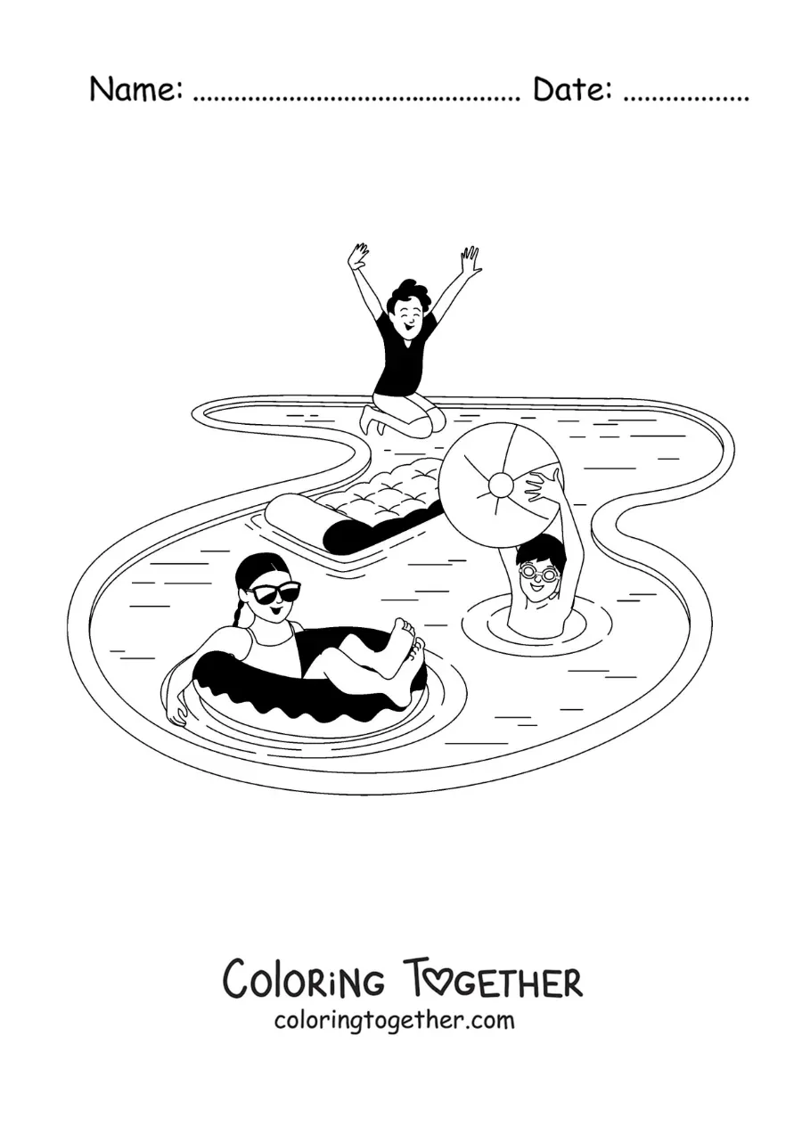 Coloring page of children playing in a swimming pool