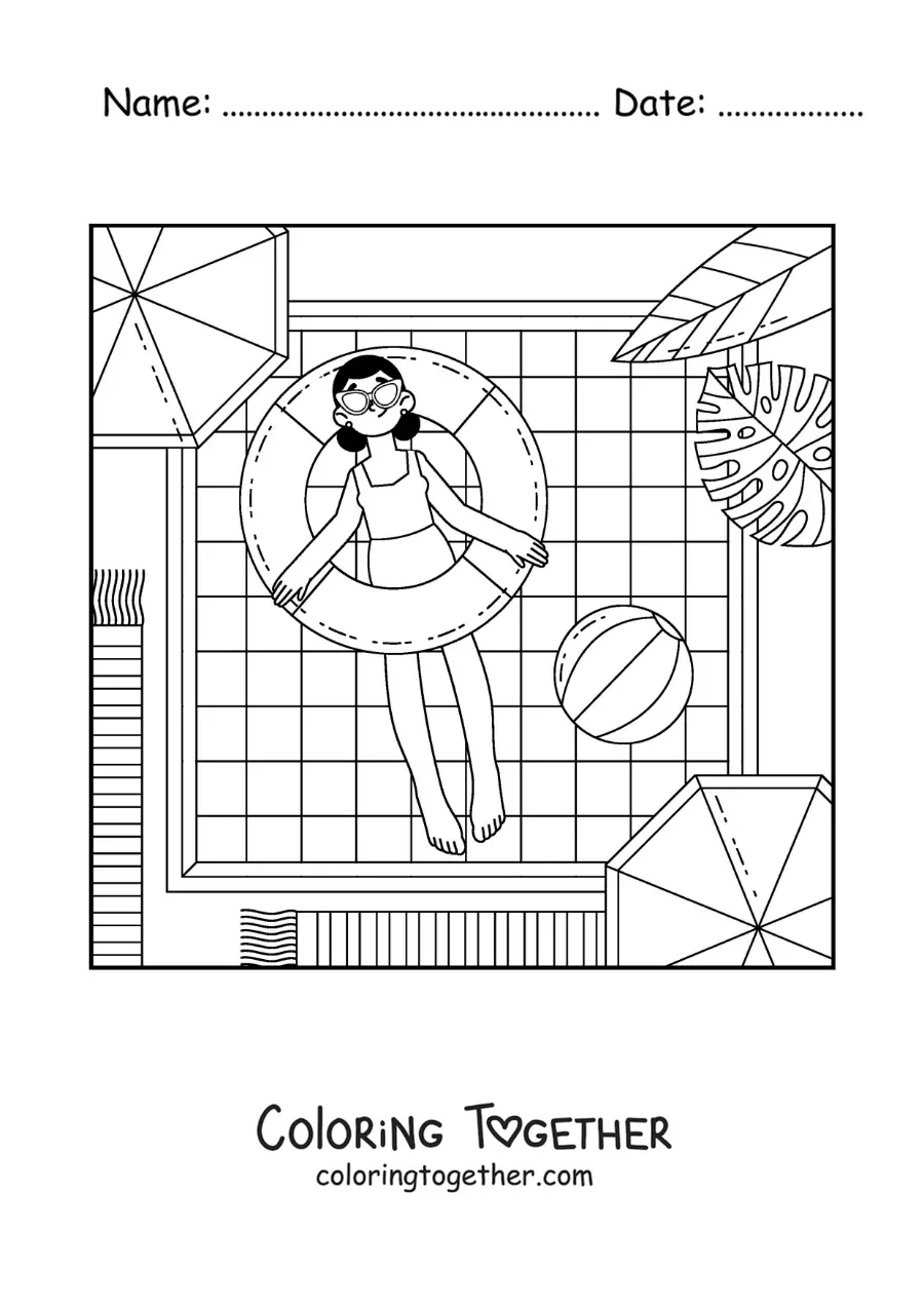 Coloring page of a girl on holiday floating in a swimming pool