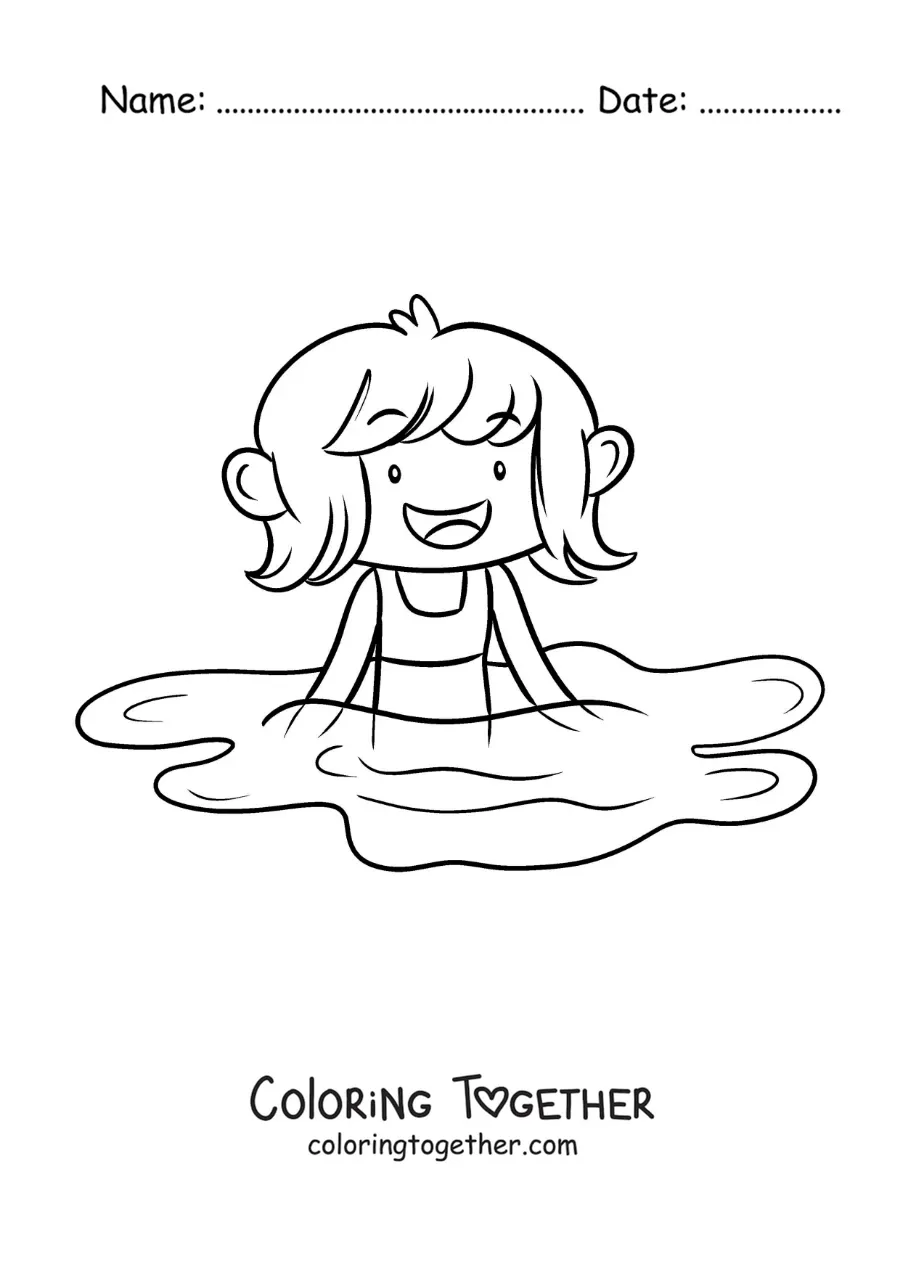 Coloring page of a little girl in a swimming pool