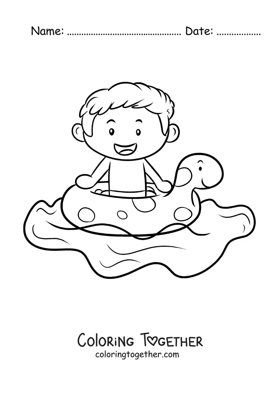 Coloring page of a boy with a float in a swimming pool