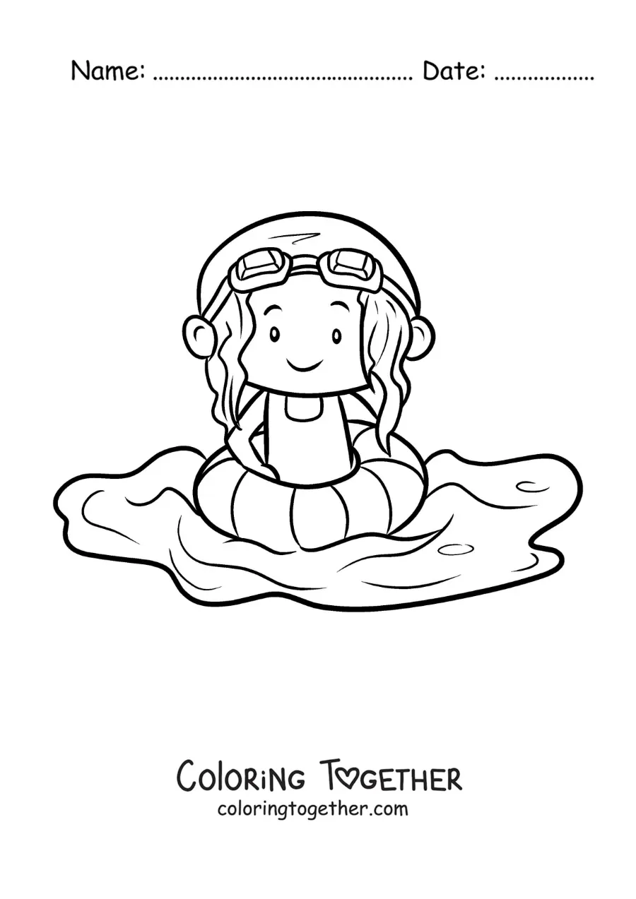 Coloring page of a girl with a float and swimming goggles in a pool