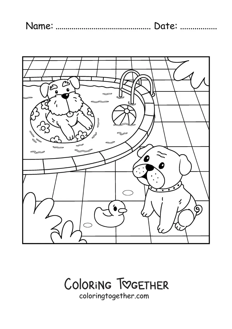 Coloring page of cartoon dogs in a swimming pool