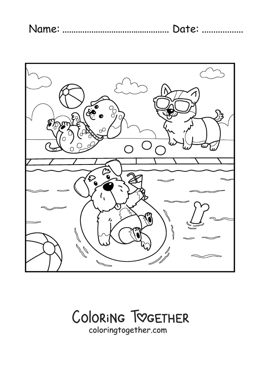 Coloring page of cartoon dogs at a pool party