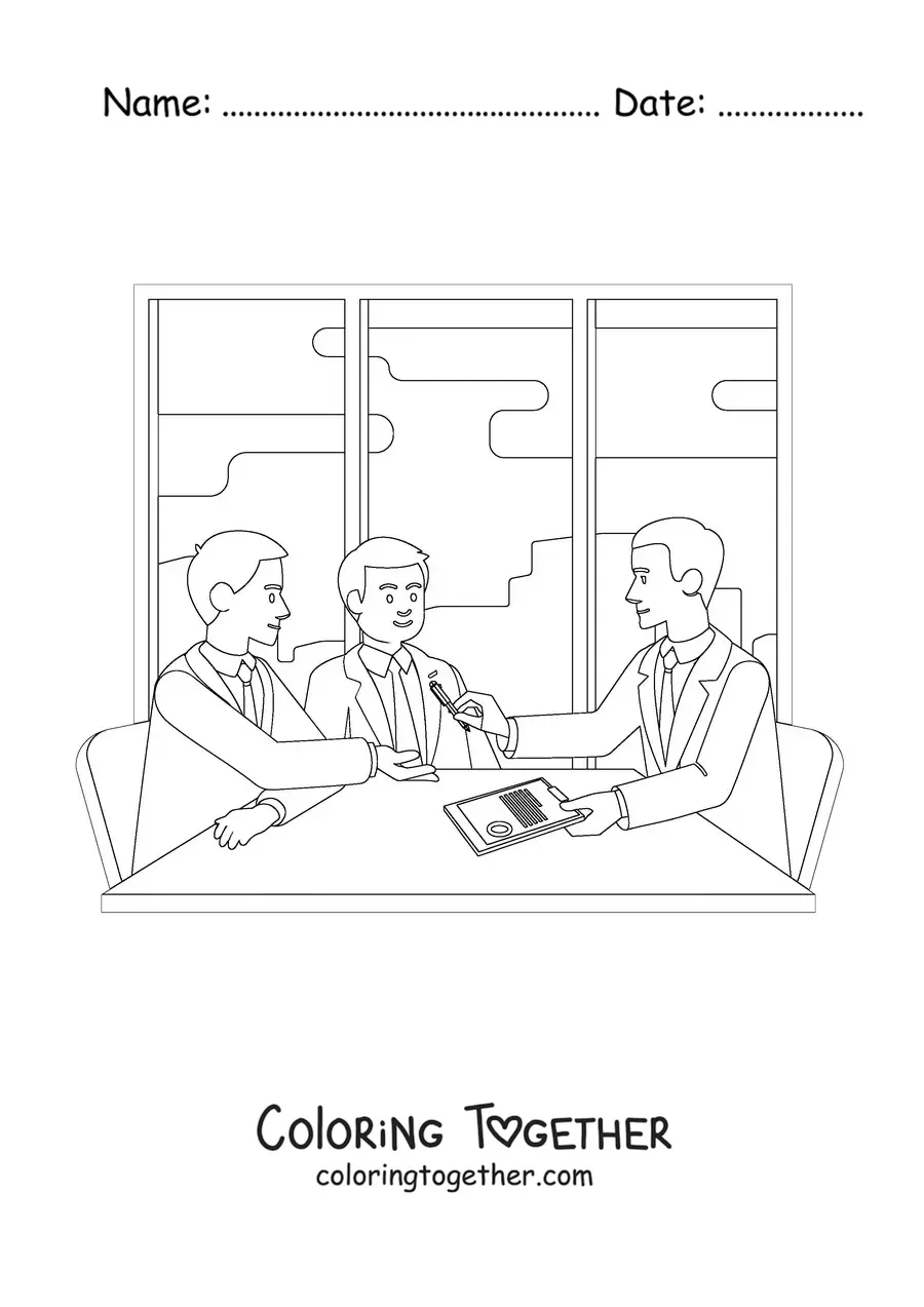 Coloring page of a lawyer signing a contract