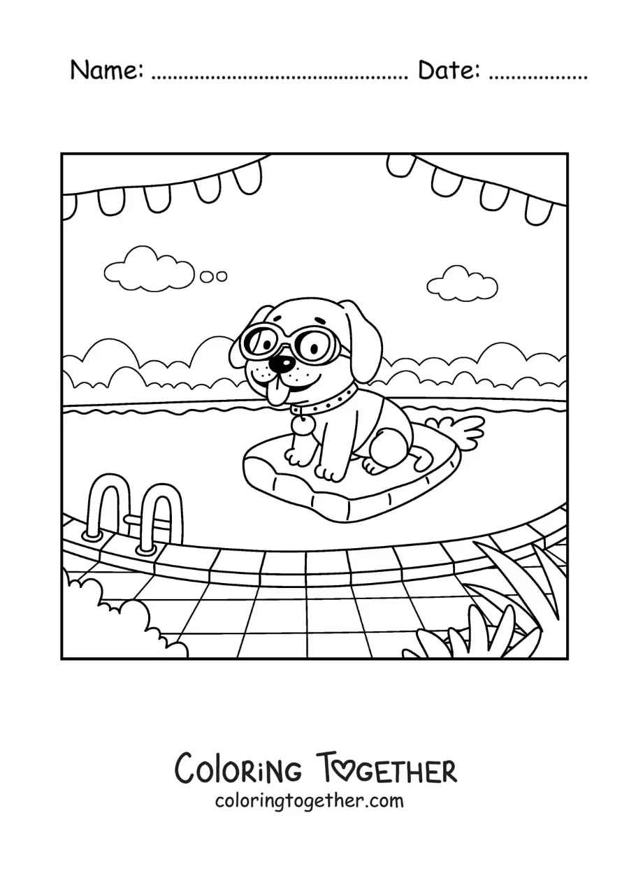 Coloring page of a cartoon dog with a float and goggles in a pool