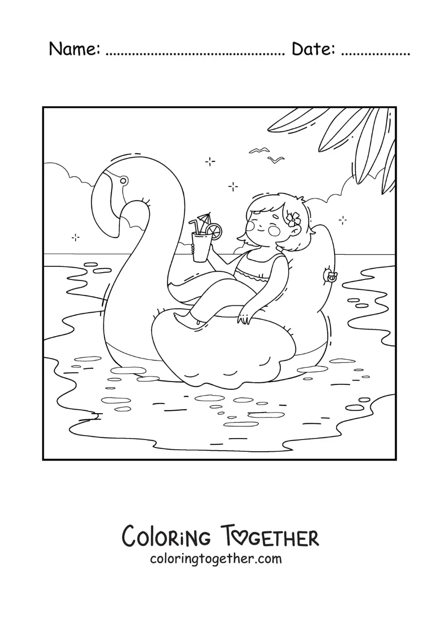 Coloring page of a girl on holiday on a flamingo float in the pool