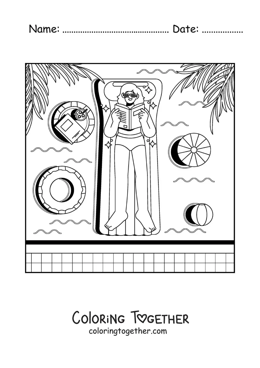 Coloring page of a girl on vacation reading by a swimming pool