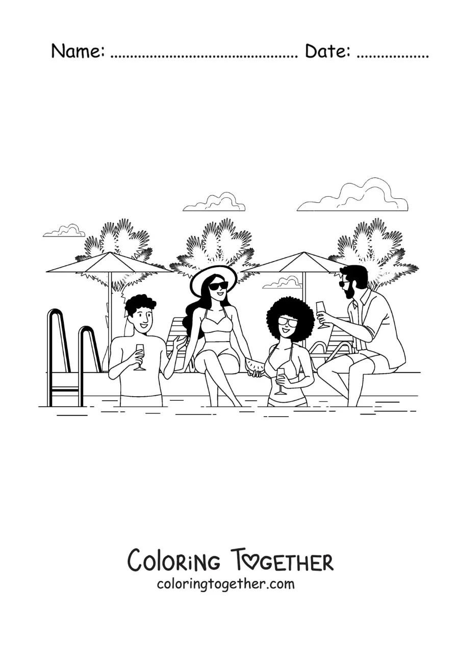 Coloring page of a group of adult friends at a summer pool party