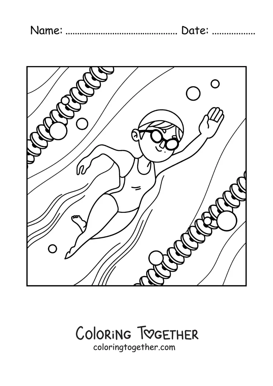 Coloring page of a girl practicing swimming in a pool