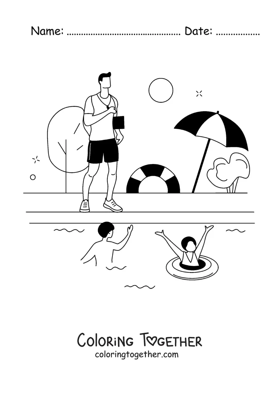 Coloring page of a public swimming pool with its lifeguard
