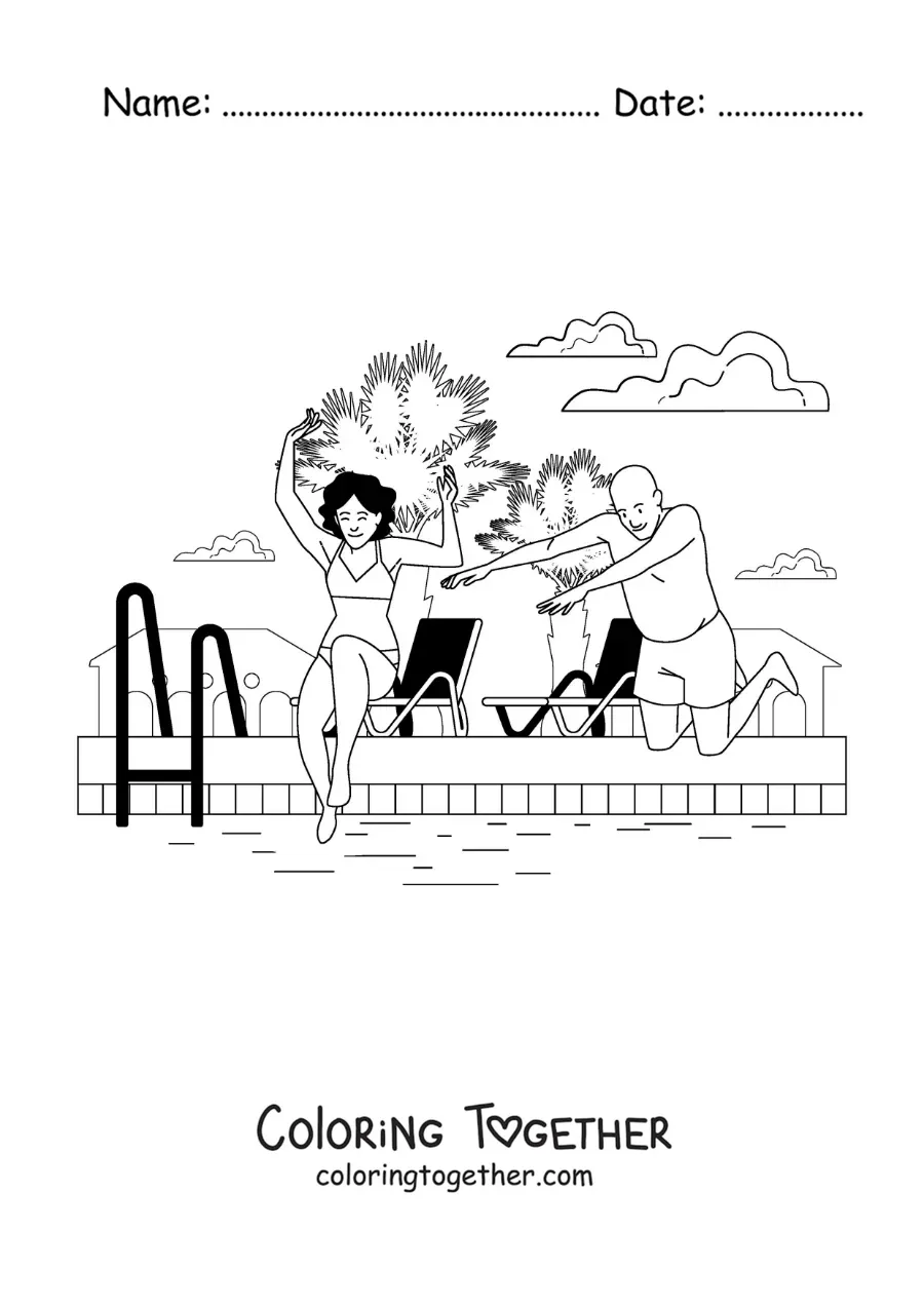Coloring page of a girl and a man jumping into the water in a pool