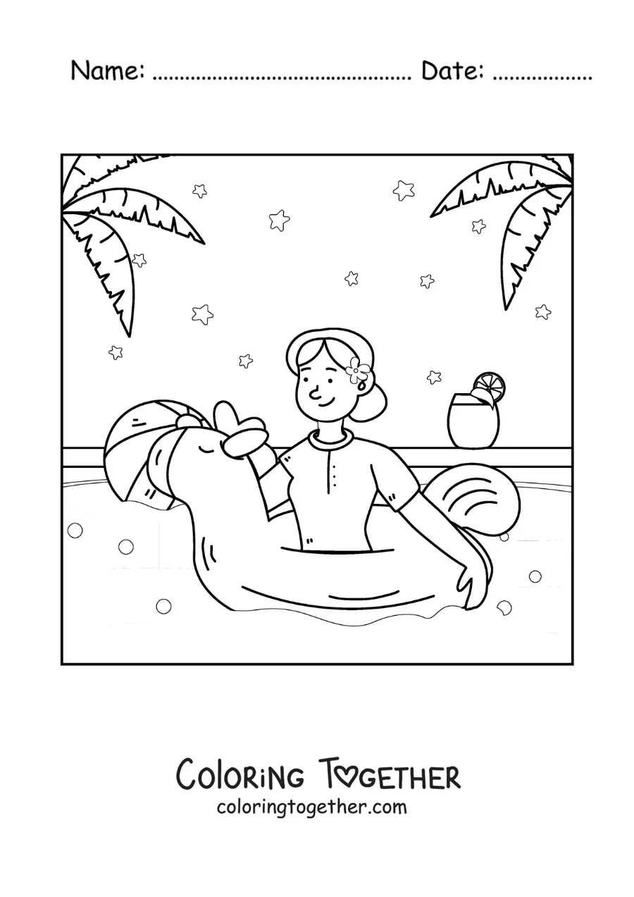 Coloring page of a girl with a unicorn float in a swimming pool