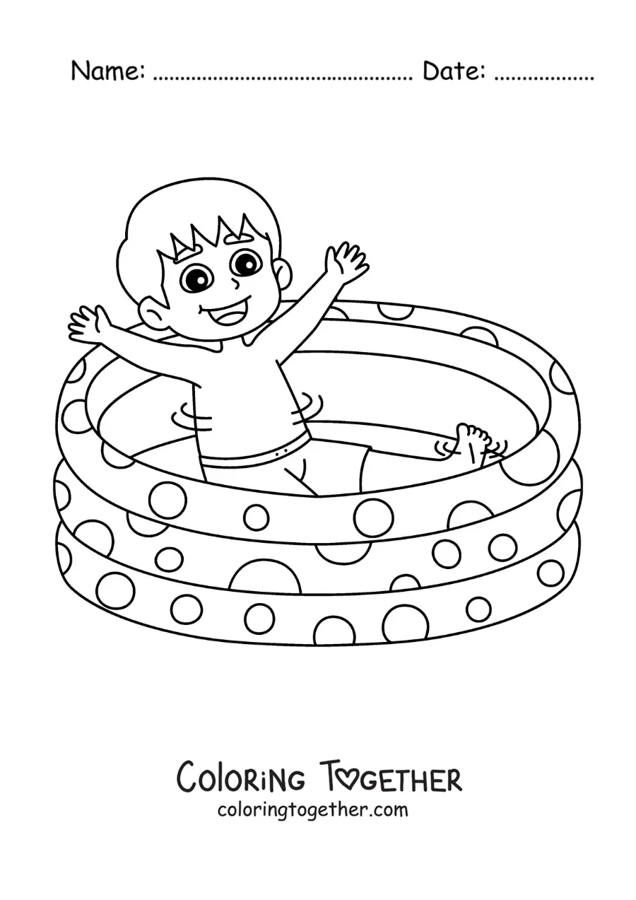Coloring page of a boy in an inflatable pool