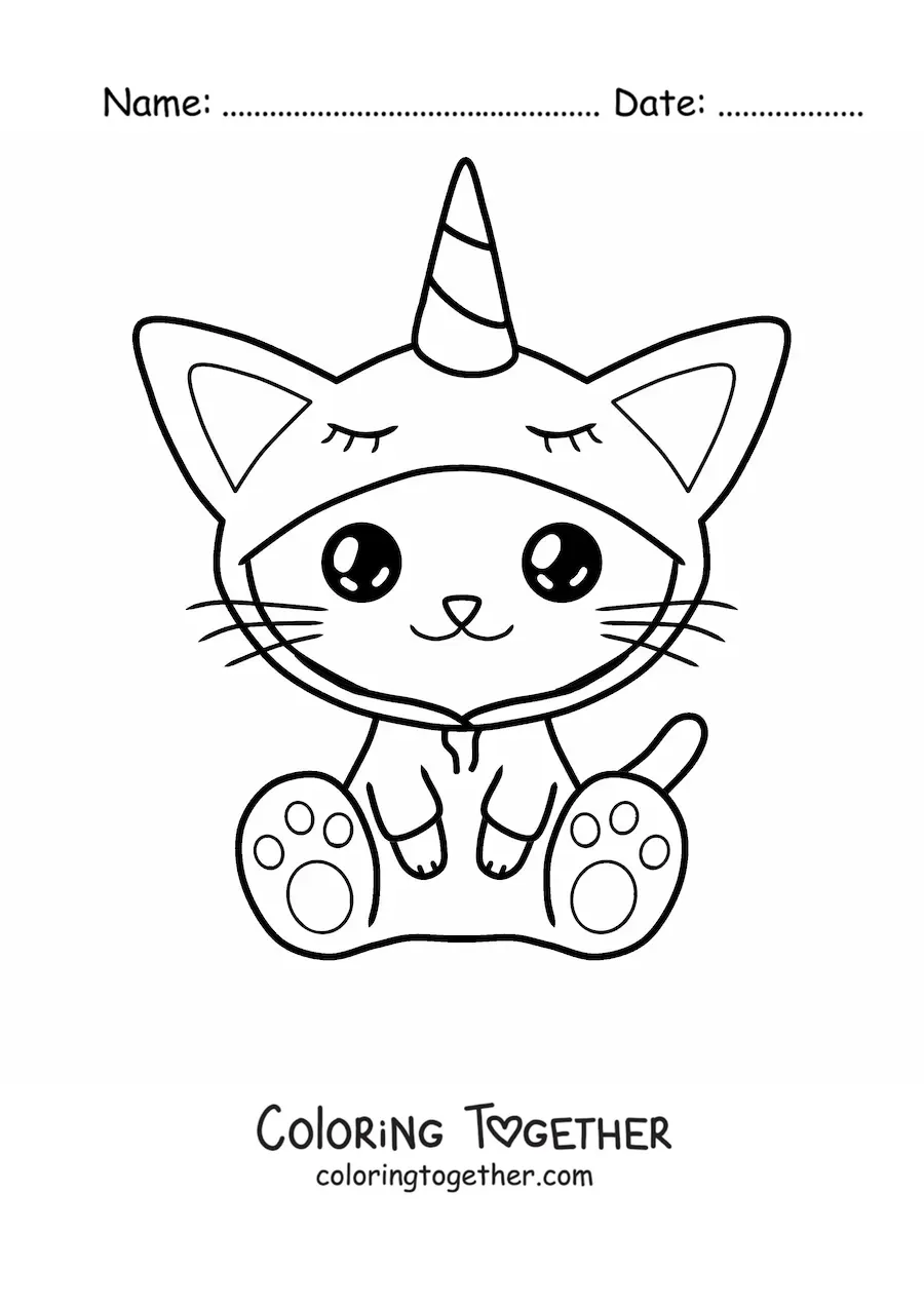 Coloring page of a kawaii cat dressed as a unicorn