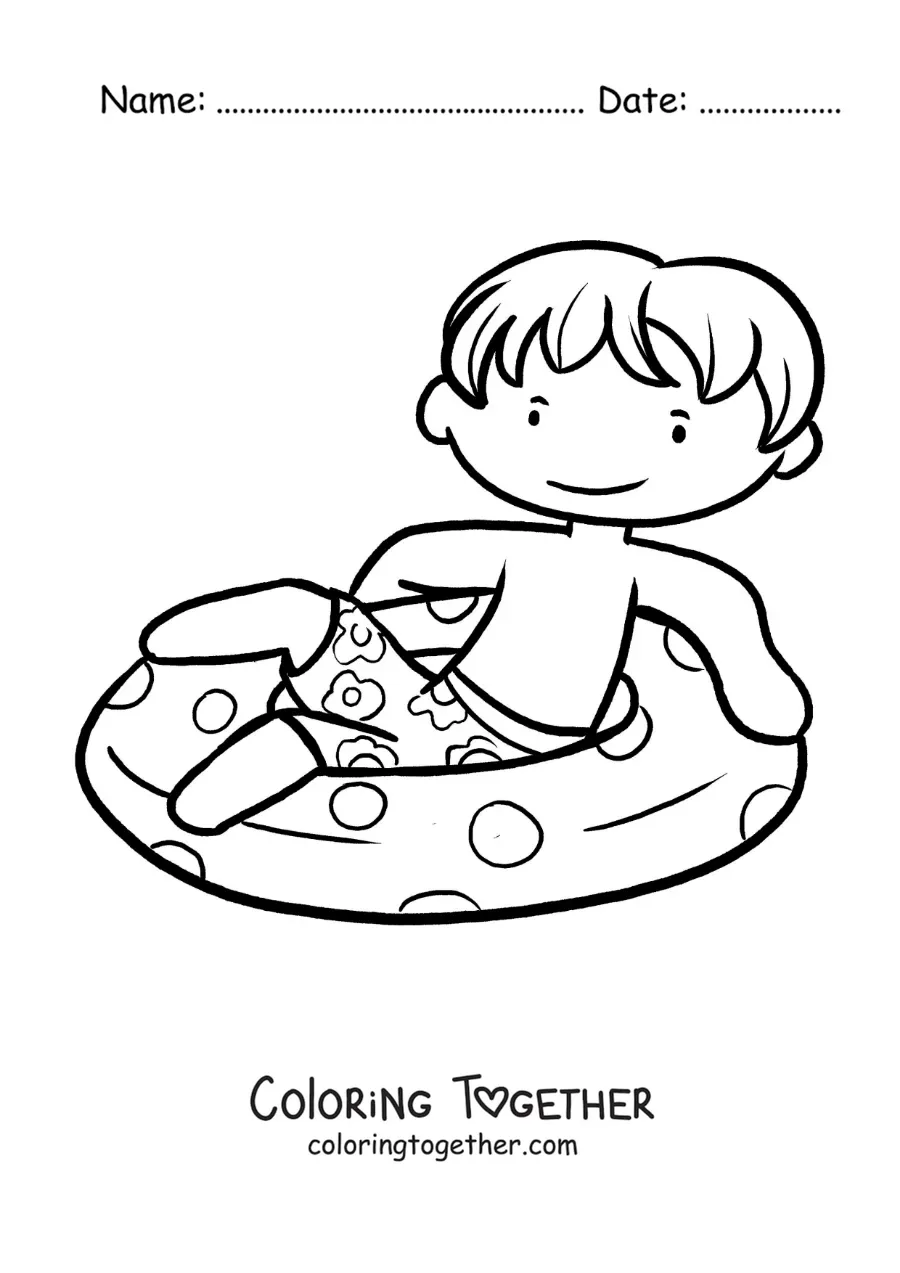 Coloring page of a boy floating in a swimming pool