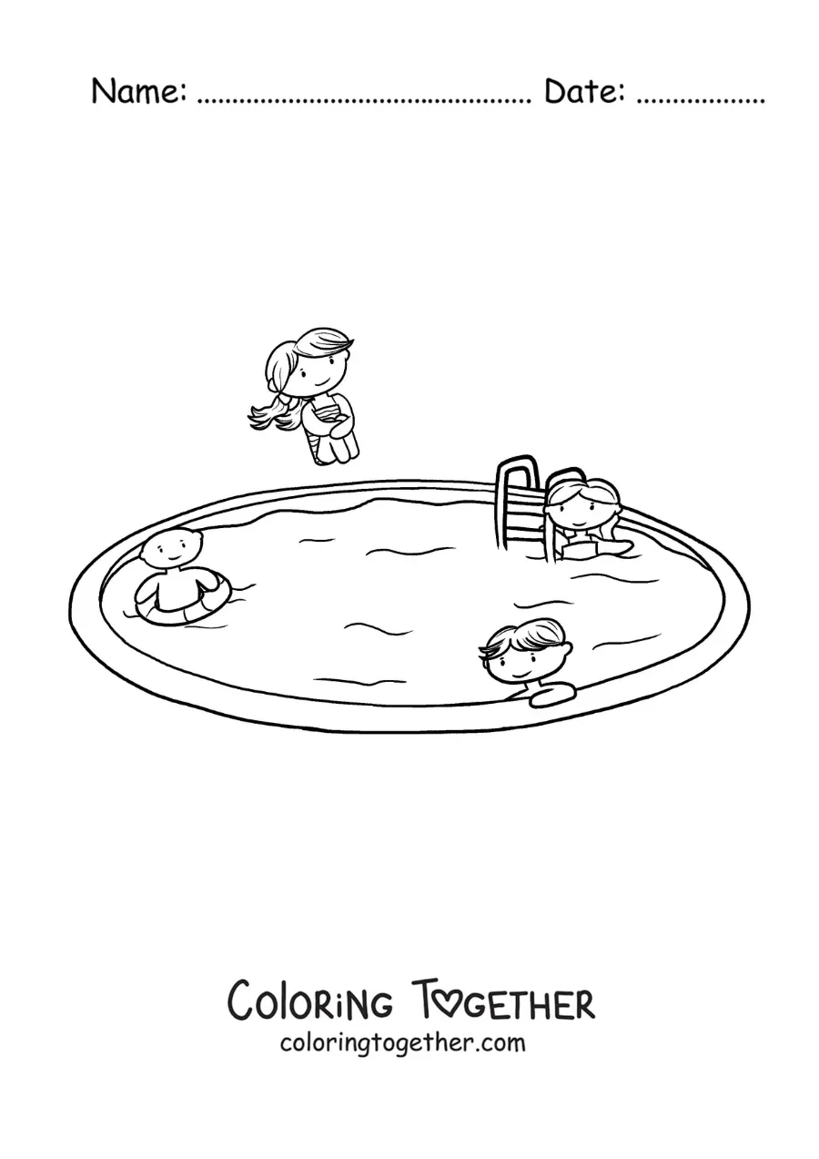Coloring page of children at a pool party