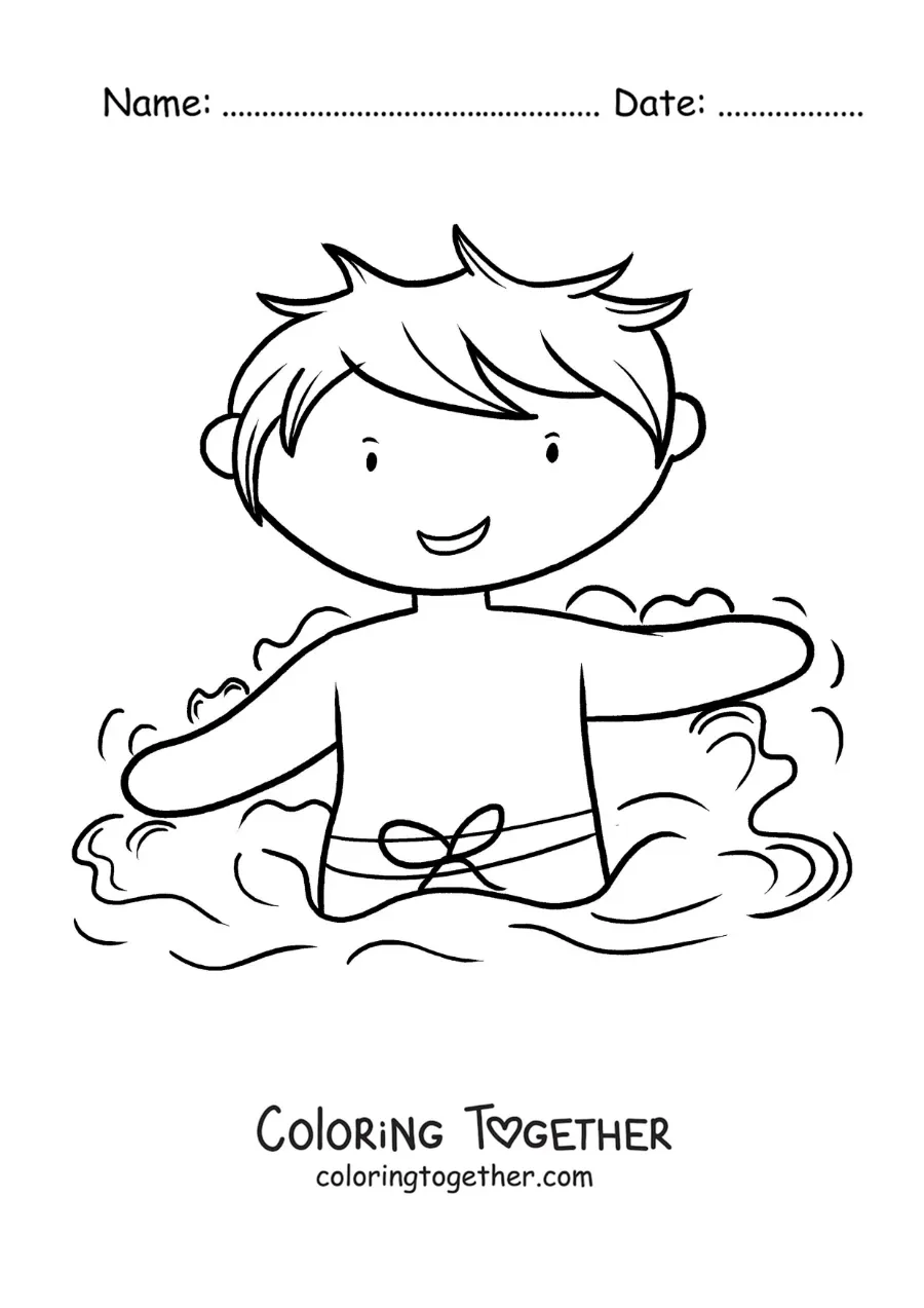 Coloring page of a boy in a swimming pool