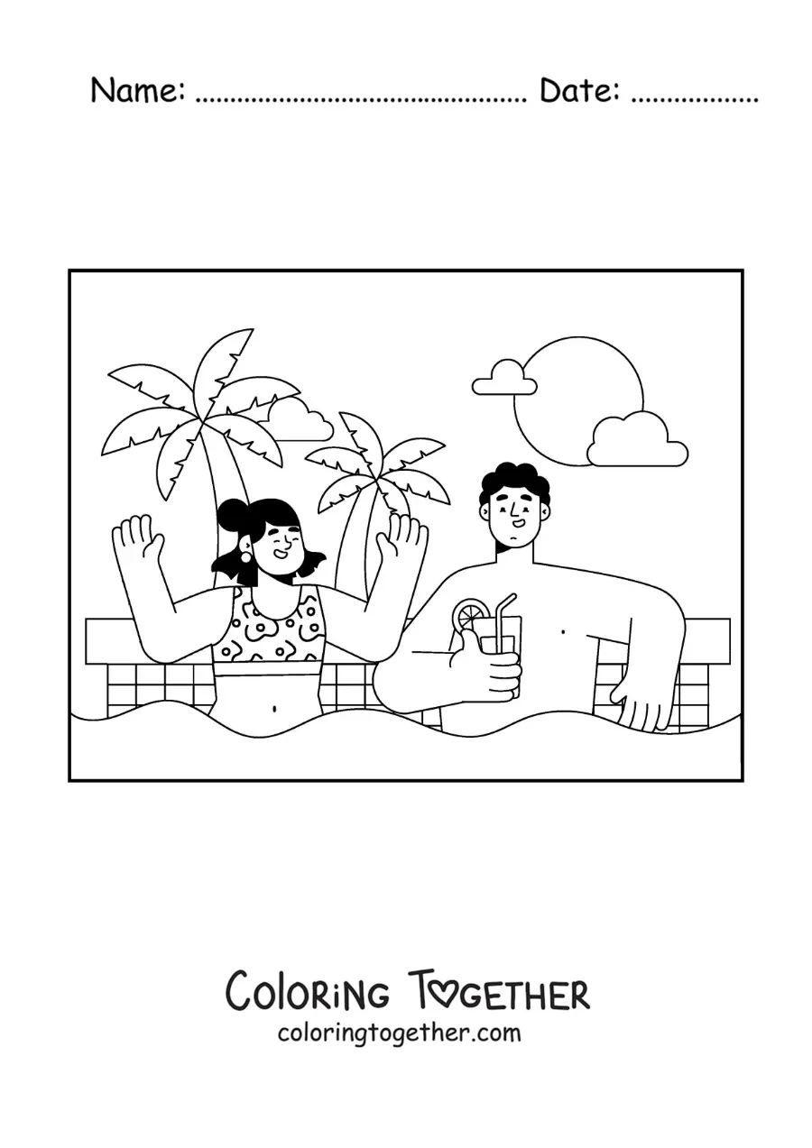 Coloring page of a young couple on holiday in a swimming pool