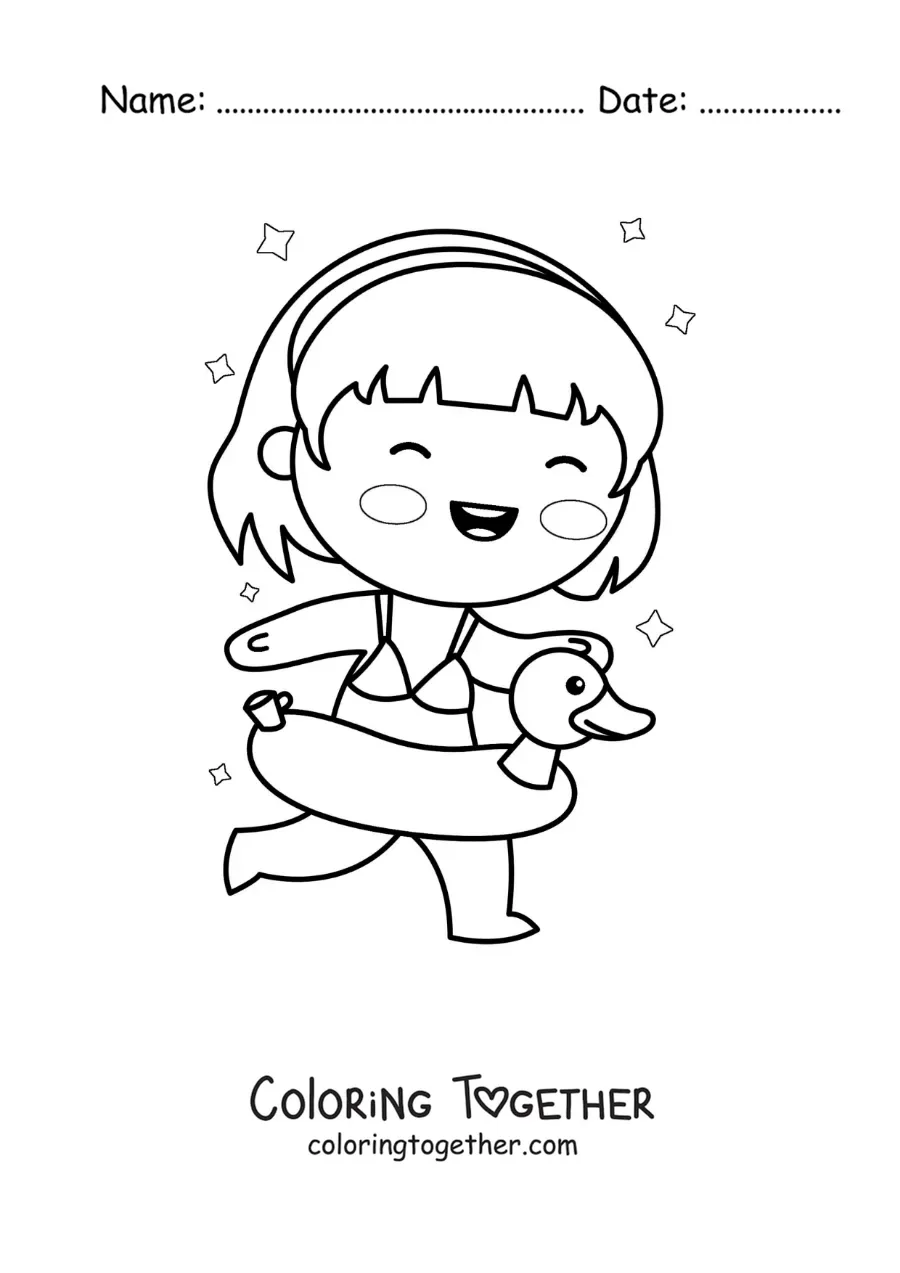 Coloring page of a girl running with a duck float