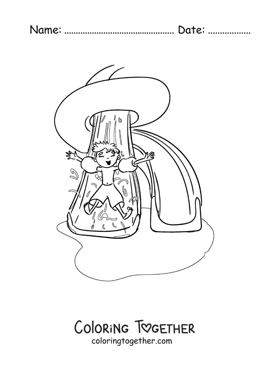 Coloring page of a boy with floaties on a pool slide
