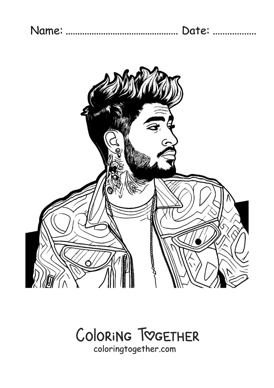 Coloring page of a portrait of Zayn Malik in a realistic style