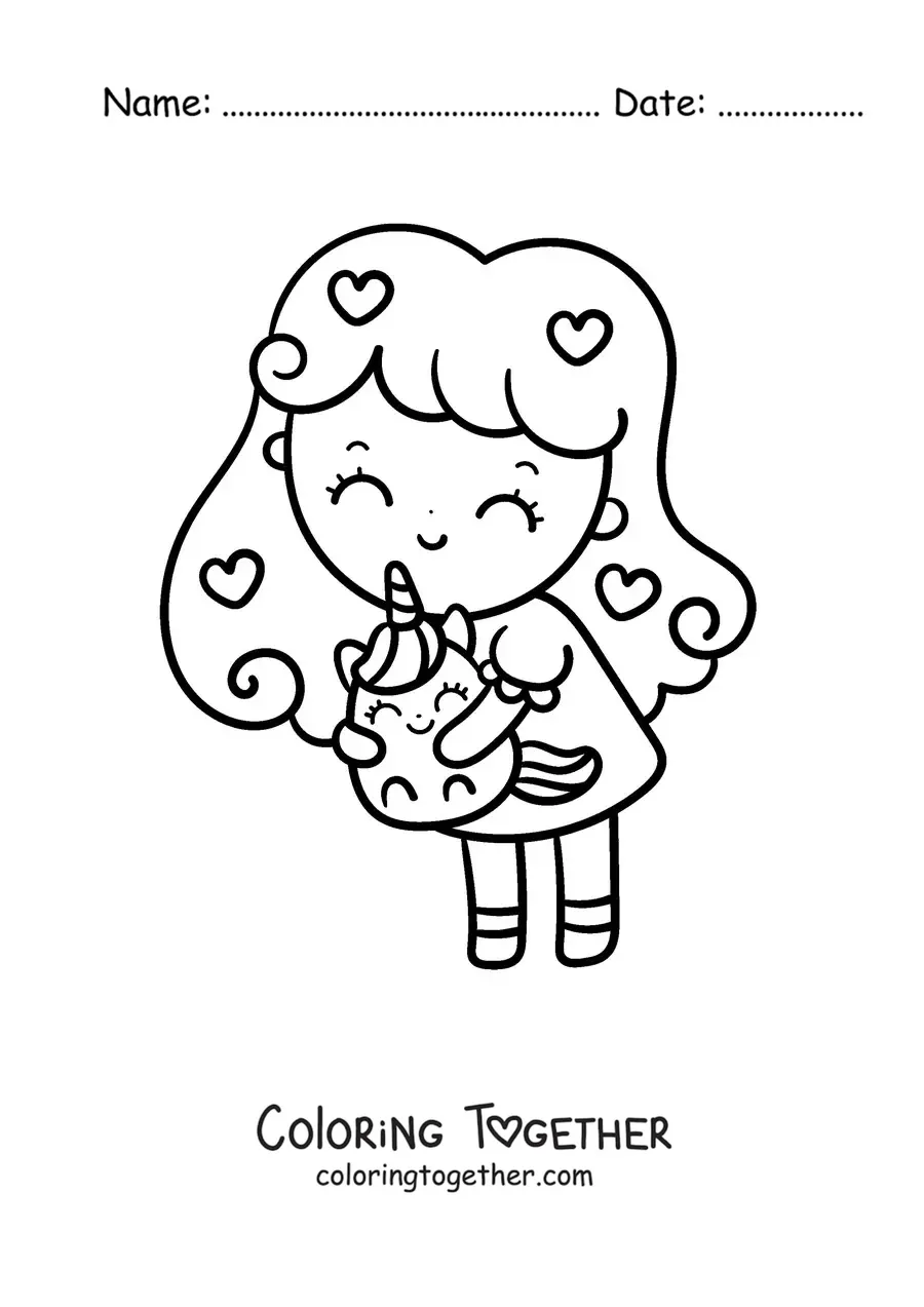 Coloring page of a kawaii girl holding a toy unicorn