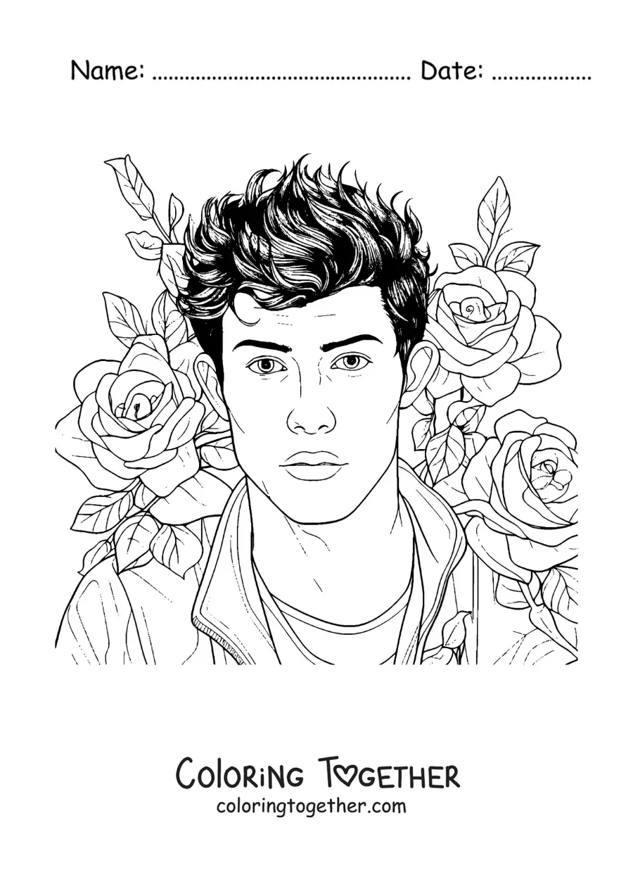 Coloring page of a portrait of Shawn Mendes with flowers
