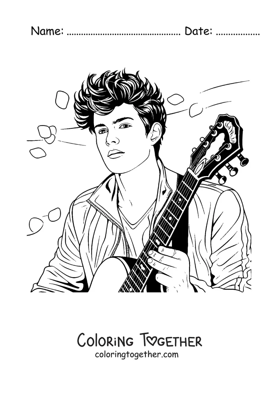 Coloring page of Shawn Mendes playing the guitar with flower petals