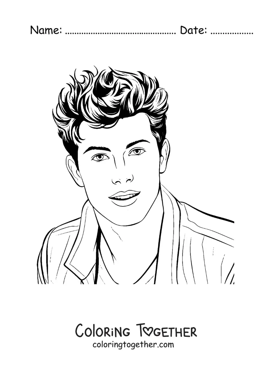 Coloring page of Shawn Mendes in cartoon style