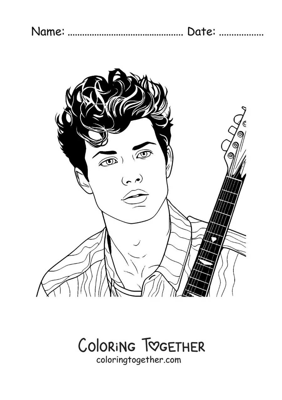 Coloring page of a portrait of Shawn Mendes in a realistic style